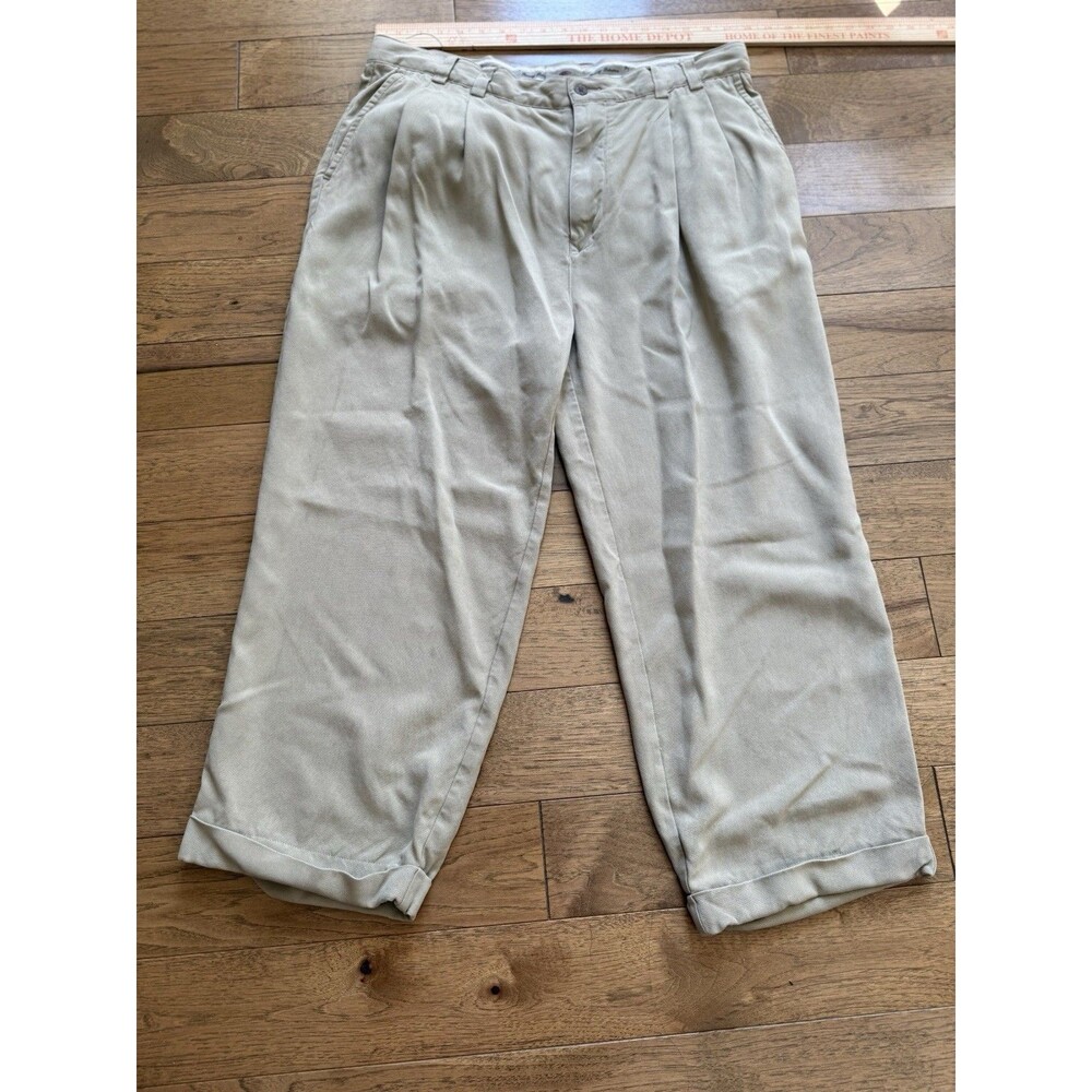 TOMMY BAHAMA 100% Silk Pants Mens Size 38 X 24 Pleated Beige Trousers